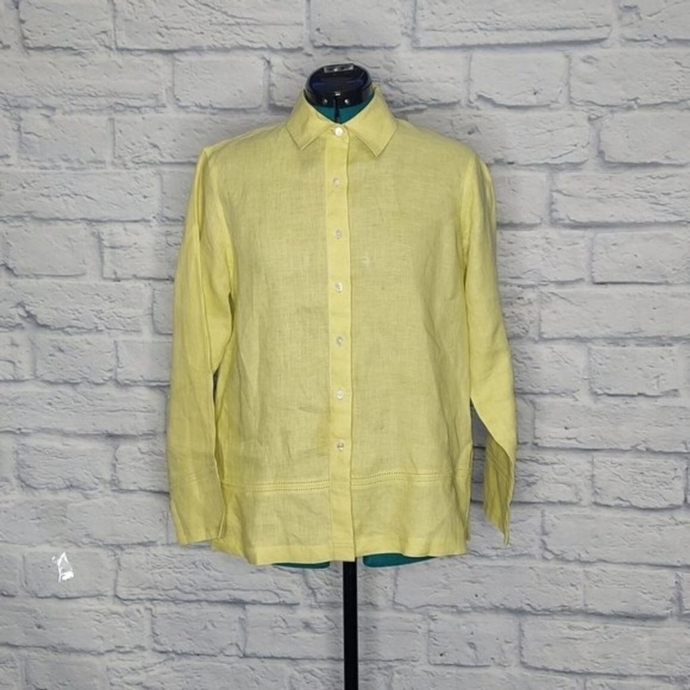 TALBOTS Womens citrine green 100% Irish linen button down shirt minimalist 8P
